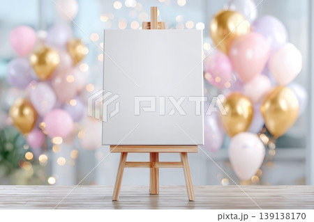 Birthday party background. White blank paper easel template among a holiday settings. Clean greeting card, free space for text against a festive multicolored balloons, ribbons backdrop. Baby shower 139138170