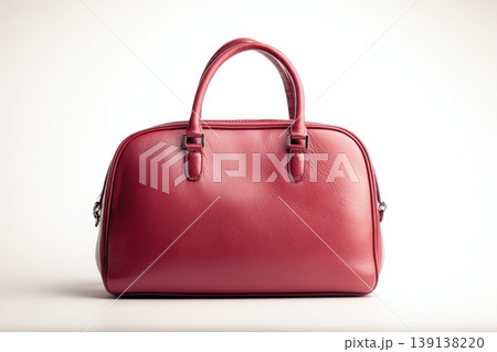 Red color leather bag and metal golden hardware details isolated white background. Fashionable luxury female accessory. Simple shape design. Maroon woman Handbag designed in classic style. Gold clasp Red color leather bag and metal golden hardware details isolated white background. Fashionable luxury female accessory. Simple shape design. Maroon woman Handbag designed in classic style. Gold clasp 139138220