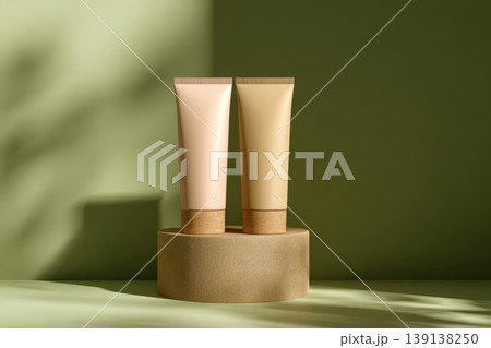 Mockup of two pink beige beauty product tubes placed on empty stand against a green background. Soft shadows. Beauty skincare container promotion. Cosmetic blank package sleek design. Skin care Mockup of two pink beige beauty product tubes placed on empty stand against a green background. Soft shadows. Beauty skincare container promotion. Cosmetic blank package sleek design. Skin care 139138250