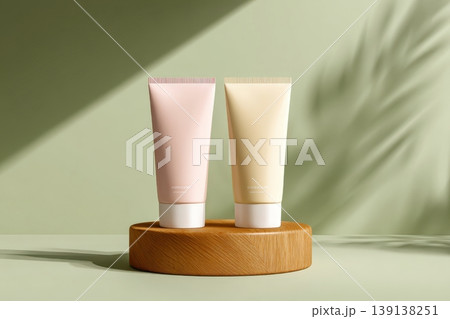 Mockup of two pink beige beauty product tubes placed on empty stand against a green background. Soft shadows. Beauty skincare container promotion. Cosmetic blank package sleek design. Skin care Mockup of two pink beige beauty product tubes placed on empty stand against a green background. Soft shadows. Beauty skincare container promotion. Cosmetic blank package sleek design. Skin care 139138251