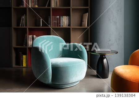 Dark blue, orange, and light amber fabric lounge chairs with an irregular curved shape that is plush velvet, black legs. Background of warm tones room. Minimalist Small round table for coffee and book 139138304