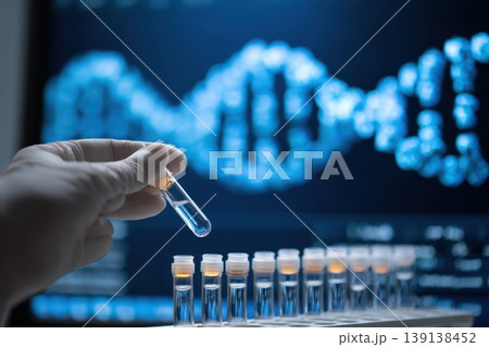 Glass vials contain RNA molecule in a laboratory with a glowing dna helix on a blue screen. Lab scientist holding medical testing tube of medical research with cells and virus cure using DNA genome. Glass vials contain RNA molecule in a laboratory with a glowing dna helix on a blue screen. Lab scientist holding medical testing tube of medical research with cells and virus cure using DNA genome. 139138452