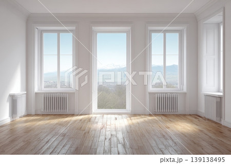 Empty new room. New plastic PVC window with metal frame installed at modern house. White blank walls, wooden flooring, heating system. Typical installation of insulated glazing windows. uPVC frame. 139138495
