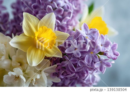 Floral Banner. Yellow, Purple Blooms on White Background. Spring flowers, daffodils and lilac for wedding invitations, greeting card or product mockup Colorful Flower Arrangement. Nature background Floral Banner. Yellow, Purple Blooms on White Background. Spring flowers, daffodils and lilac for wedding invitations, greeting card or product mockup Colorful Flower Arrangement. Nature background 139138504