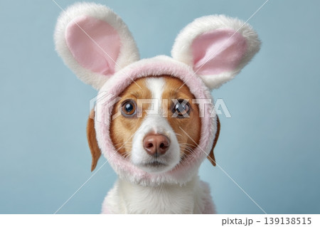 Nice Corgi dog wearing a white pink bunny ear poses against a pastel blue background. Happy Easter concept. Cute puppy portrait isolated on color. Spring greeting card. Dog dressed rabbit costume Nice Corgi dog wearing a white pink bunny ear poses against a pastel blue background. Happy Easter concept. Cute puppy portrait isolated on color. Spring greeting card. Dog dressed rabbit costume 139138515