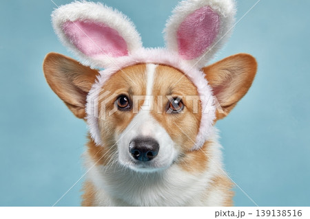 Nice Corgi dog wearing a white pink bunny ear poses against a pastel blue background. Happy Easter concept. Cute puppy portrait isolated on color. Spring greeting card. Dog dressed rabbit costume Nice Corgi dog wearing a white pink bunny ear poses against a pastel blue background. Happy Easter concept. Cute puppy portrait isolated on color. Spring greeting card. Dog dressed rabbit costume 139138516
