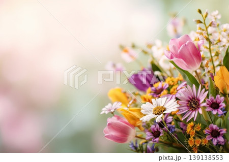 Vibrant flowers meadow mood. Tulips, daffodils bathed in soft morning light gentle bokeh background. Calm Pastel blossoms celebrate spring season. Springtime bursts with lively bloom, brilliant shade. Vibrant flowers meadow mood. Tulips, daffodils bathed in soft morning light gentle bokeh background. Calm Pastel blossoms celebrate spring season. Springtime bursts with lively bloom, brilliant shade. 139138553