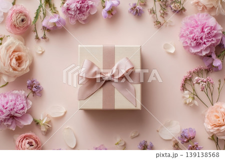 Spring gift. Spring background. Giftbox with flowers on peach beige plain color backdrop. Flower pattern banner. Blossom abstract texture. Beautiful Floral wallpaper. Flat lay. Women Day, 8th March 8 139138568