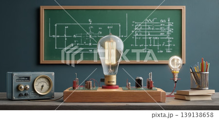 Electrical experience in physics laboratory. Electric circuit and a light bulb on a school chalkboard with formulas text blurred background. Modern Education. Science equipment learning electricity Electrical experience in physics laboratory. Electric circuit and a light bulb on a school chalkboard with formulas text blurred background. Modern Education. Science equipment learning electricity 139138658
