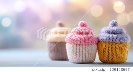 Handmade knitted cupcakes on soft tabletop. Colorful three yarn cupcakes with pompom toppers. Bokeh backdrop, pastel color palette handmade. Gentle cozy nursery mood, DIY craft. Children Inspiration. 139138697