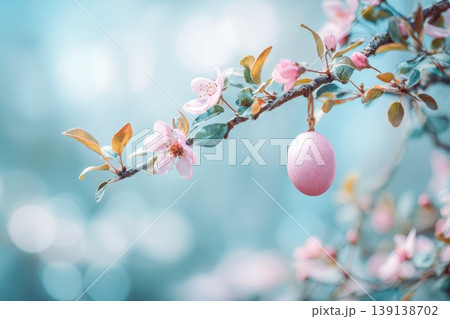 Hanging pastel pink Easter eggs and spring blossom at bokeh light blue turquoise background. Easter banner border. Fresh modern decorative Holiday concept. Apple blossoms budding branch. Tradition Hanging pastel pink Easter eggs and spring blossom at bokeh light blue turquoise background. Easter banner border. Fresh modern decorative Holiday concept. Apple blossoms budding branch. Tradition 139138702