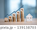 House model, Coins and Percentage icon symbols. Growing cube blocks stairs and arrow graph. Interest rate, financial stock, mortgage concept. Percent sign. Blue background. Inflation, budget. Hypothec 139138703