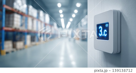 Industrial temperature digital display. A view inside a cold storage warehouse with shelves filled boxes. Gauges display measurements in a large manufacturing facility. Inventory control. Logistic 139138712
