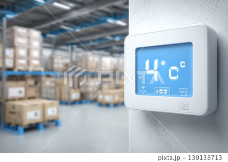 Industrial temperature digital display. A view inside a cold storage warehouse with shelves filled boxes. Gauges display measurements in a large manufacturing facility. Inventory control. Logistic Industrial temperature digital display. A view inside a cold storage warehouse with shelves filled boxes. Gauges display measurements in a large manufacturing facility. Inventory control. Logistic 139138713