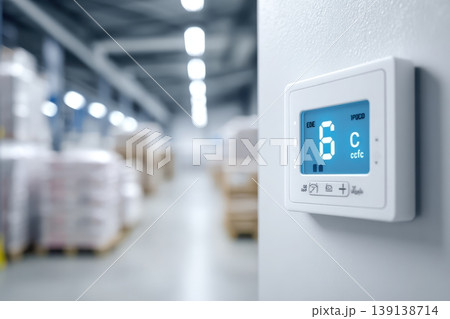 Industrial temperature digital display. A view inside a cold storage warehouse with shelves filled boxes. Gauges display measurements in a large manufacturing facility. Inventory control. Logistic Industrial temperature digital display. A view inside a cold storage warehouse with shelves filled boxes. Gauges display measurements in a large manufacturing facility. Inventory control. Logistic 139138714
