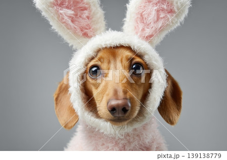 Black tan dachshund dog wearing a white pink bunny ear poses against a grey background. Happy Easter concept. Cute puppy portrait isolated on color. Spring greeting card. Dog dressed rabbit costume 139138779