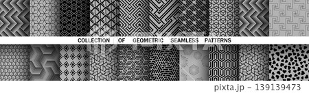 Geometric set of seamless black and gray patterns. Simple vector graphics Geometric set of seamless black and gray patterns. Simple vector graphics 139139473