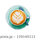 Cappuccino coffee with flower shape pattern in ceramic cup. Hand drawn watercolor 139140113