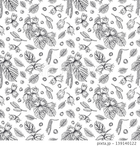 Seamless pattern with hand drawn hazelnut painted by black inks. Nuts, leaves and catkins vector isolated ornate. Repeating illustration for healthy food packaging, textile design or fabric printing Seamless pattern with hand drawn hazelnut painted by black inks. Nuts, leaves and catkins vector isolated ornate. Repeating illustration for healthy food packaging, textile design or fabric printing 139140122