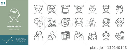 Depression Vector Icons Set. Mental Health Symptoms, Stress, Sadness, Therapy, Counseling, Treatment and Emotional Support. Editable Linear Collection. 139140148