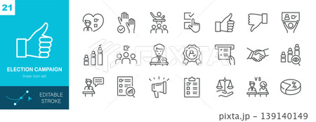 Election Campaign Vector Icons Set. Voting, Polls, Candidate, Debate, Ballot, Public Opinion, Political Strategy and Democracy. Editable Linear Pack. 139140149