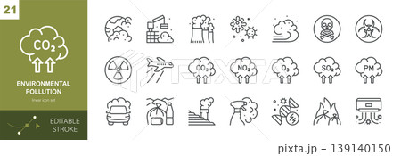 Environmental Pollution Vector Icons Set. Air Pollution, CO2 Emissions, Toxic Waste, Smog, Radiation, Industry and Climate Problem. Editable Linear Collection. Environmental Pollution Vector Icons Set. Air Pollution, CO2 Emissions, Toxic Waste, Smog, Radiation, Industry and Climate Problem. Editable Linear Collection. 139140150