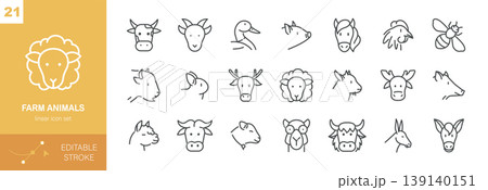 Farm Animals Vector Icons Set. Livestock Head Collection with Cow, Goat, Duck, Pig, Horse, Sheep, Deer and Donkey. Editable Linear Pack. 139140151