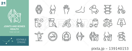 Joints and Bones Health Vector Icons Set. Orthopedics, Arthritis, Knee Pain, Spine Care, Injury, Treatment and Healthy Lifestyle. Editable Linear Collection. Joints and Bones Health Vector Icons Set. Orthopedics, Arthritis, Knee Pain, Spine Care, Injury, Treatment and Healthy Lifestyle. Editable Linear Collection. 139140153