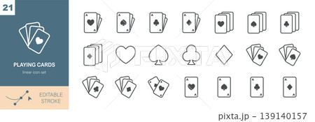 Playing Cards Vector Icons Set. Poker, Casino Game, Card Suits, Ace Cards, Hearts, Spades, Clubs and Diamonds. Editable Linear Pack. Playing Cards Vector Icons Set. Poker, Casino Game, Card Suits, Ace Cards, Hearts, Spades, Clubs and Diamonds. Editable Linear Pack. 139140157