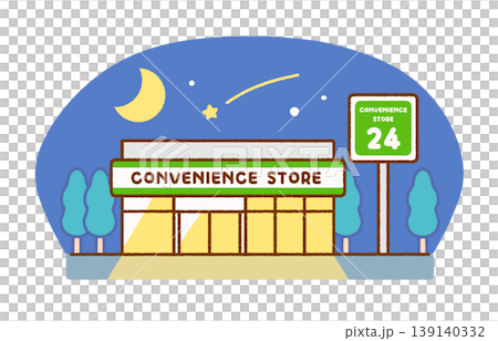 Illustration of a convenience store exterior at night | 24-hour operation, store, building Illustration of a convenience store exterior at night | 24-hour operation, store, building 139140332