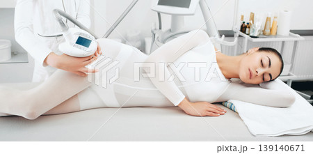beautiful woman enjoys an LPG massage procedure. Hip cellulite removal 139140671