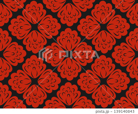 Vector seamless pattern of red tracery floral mandalas on black background. Texture with decorative floral rosettes. 139140843