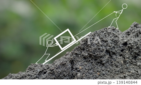 Cartoon illustration of stickmen working together to push and pull block up a hill isolated on bokeh green background. Concept of a difficult business task that requires good teamwork and hard work 139140844