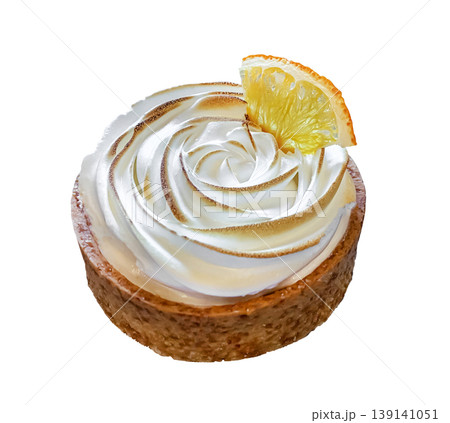 Tartlet with lemon curd and meringue isolated on white background with clipping path. Tartlet with lemon curd and meringue isolated on white background with clipping path. 139141051