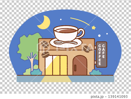 Exterior illustration of a cafe/coffee shop at night | Stores, buildings, late-night business hours Exterior illustration of a cafe/coffee shop at night | Stores, buildings, late-night business hours 139141093