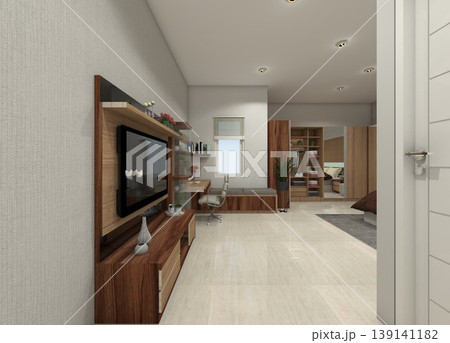 Rustic master bedroom interior 3D rendering featuring an integrated TV cabinet and sliding wardrobe. 139141182