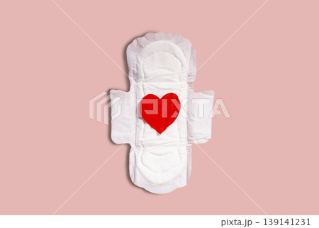 Menstrual sanitary pad with red blood. Illustration of woman critical days. Reproduction function. Hygiene concept. Woman power Menstrual sanitary pad with red blood. Illustration of woman critical days. Reproduction function. Hygiene concept. Woman power 139141231