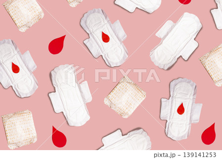 Seamless pattern on pink background. Illustration of female critical day and hygiene accessories. Conceptual image of menstruation and woman health topics Seamless pattern on pink background. Illustration of female critical day and hygiene accessories. Conceptual image of menstruation and woman health topics 139141253
