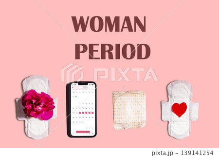 Women Menstrual pads with red blood, calendar of menstruation and alarm clock on pink background. Woman period of critical days. Space for text 139141254