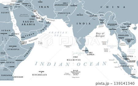 North Indian Ocean, gray political map with countries, international borders, and capitals. Tropical marine region, comprising Arabian Sea to the west of India and Bay of Bengal to the east. Vector 139141340