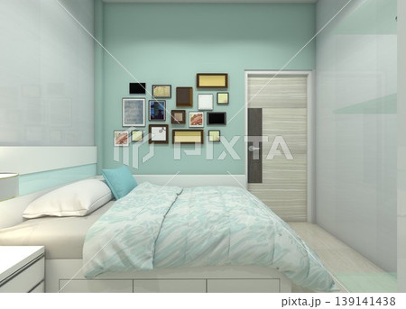 Simple minimalist boys' bedroom interior design with white furniture and soft powder blue accents. 139141438