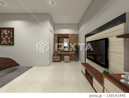Rustic elegant master bedroom interior featuring a custom vanity desk and TV cabinet unit. Rustic elegant master bedroom interior featuring a custom vanity desk and TV cabinet unit. 139141445