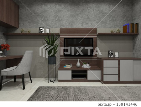Modern rustic TV cabinet and integrated workspace interior design with earthy brown wood grain and grey finishes. Modern rustic TV cabinet and integrated workspace interior design with earthy brown wood grain and grey finishes. 139141446