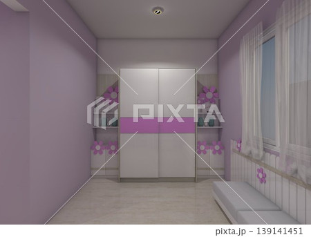Minimalist girls' wardrobe interior design featuring 2-door sliding system and side display shelves. Minimalist girls' wardrobe interior design featuring 2-door sliding system and side display shelves. 139141451