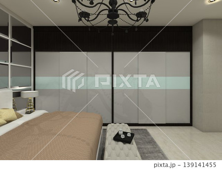 Modern master bedroom interior design featuring a large 6-door wardrobe in white and dark brown wood finishes. Modern master bedroom interior design featuring a large 6-door wardrobe in white and dark brown wood finishes. 139141455