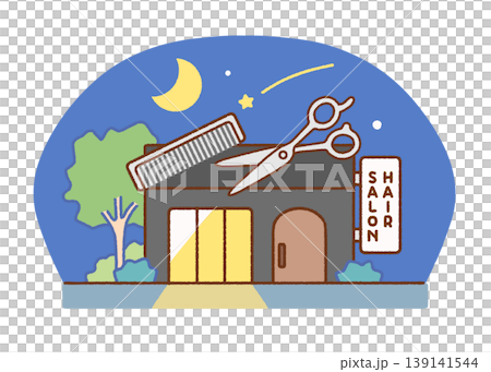 Illustration of the exterior of a hair salon at night | Store, late-night business, beauty salon 139141544
