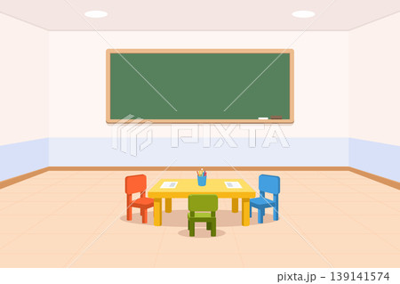 Kindergarten classroom interior with colorful chairs, yellow table and green chalkboard vector. Kindergarten classroom interior with colorful chairs, yellow table and green chalkboard vector. 139141574