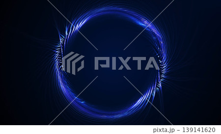 Blue circular wave ring made of dynamic light lines on dark background. Futuristic 4K abstract illustration with digital motion and pulse energy. Blue circular wave ring made of dynamic light lines on dark background. Futuristic 4K abstract illustration with digital motion and pulse energy. 139141620