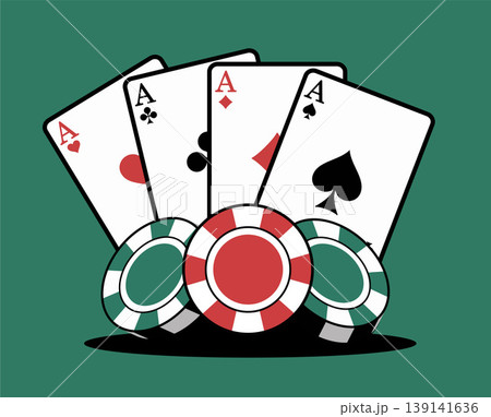 Flat design vector illustration showing a winning hand of four aces and a stack of gambling chips. The classic green background resembles a poker table surface. Ideal for app icons, online casino bann Flat design vector illustration showing a winning hand of four aces and a stack of gambling chips. The classic green background resembles a poker table surface. Ideal for app icons, online casino bann 139141636