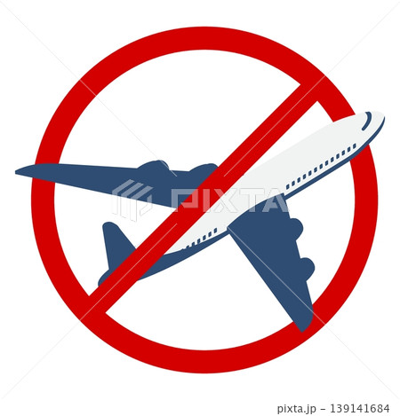 Sign prohibiting air travel and air transportation, an airplane in a crossed out red circle. Vector isolated on white background 139141684